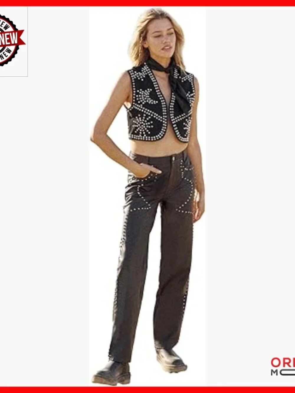 Faux Leather Studded Straight Leg Trousers, Edgy Statement Pants